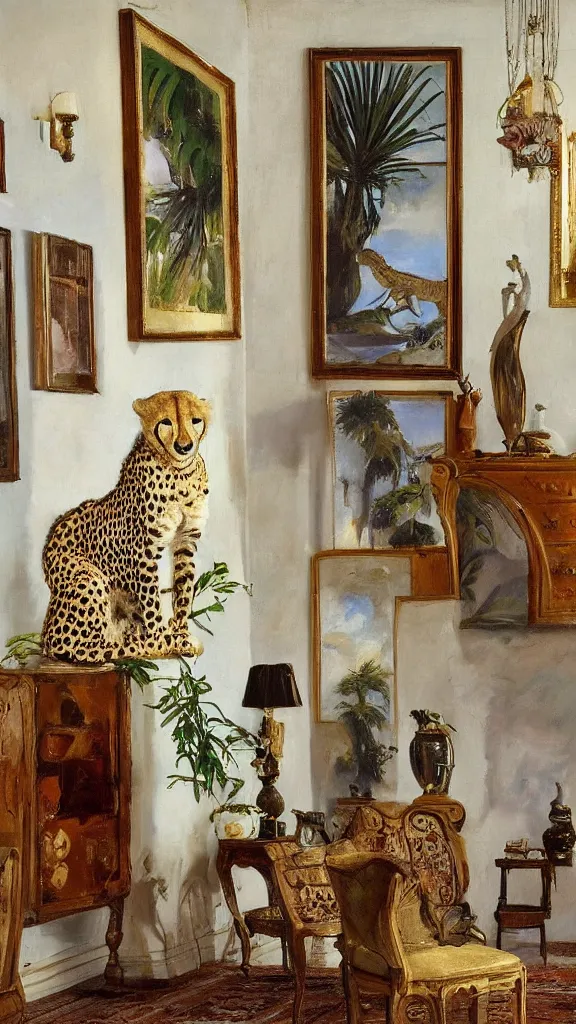 Prompt: a cheetah in vintage room, 3 frames hanging out of wall, pot of palms painted by john singer sargent