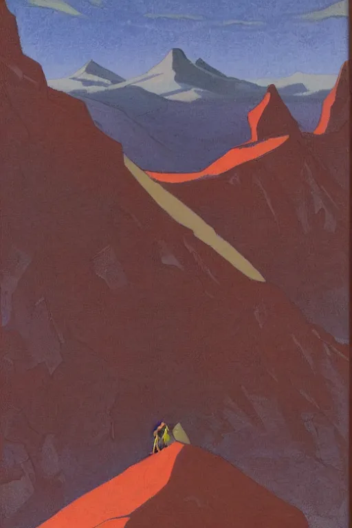 Image similar to black widow ( natasha romanova ) on mountains, marvel, artwork by nicholas roerich,