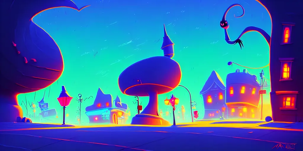 Image similar to curved perspective digital art of a summer night small town street from nightmare before christmas by anton fadeev