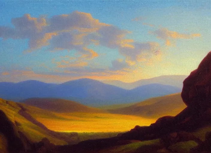 Prompt: the armenian highlands with the sun setting as the background in the style of hudson river school of art, oil on canvas