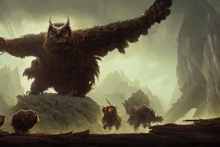 Image similar to An awesome painting of an intimidating large owlbear encounter, video game concept art by Wizards of the Coast, Magic The Gathering, Blizzard, Games Workshop, Greg Rutkowski, Craig Mullins, WETA, Elder Scrolls.