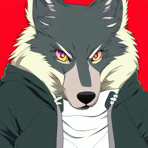 Image similar to key anime visual portrait of an anthropomorphic anthro wolf fursona, in a jacket, with handsome eyes, official modern anime art