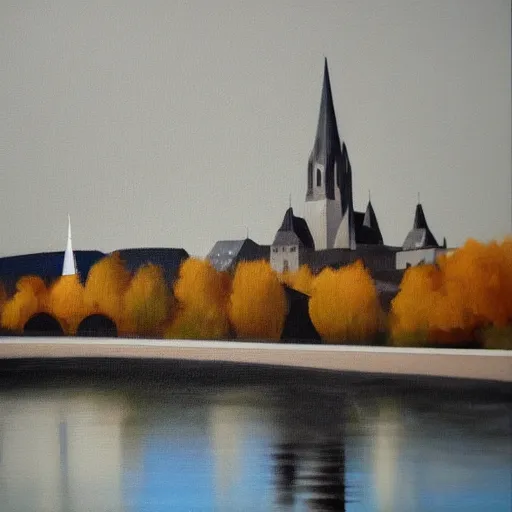 Prompt: very abstract painting of the rhine in basel, the munster in the background, muted greyscale colors, great composition