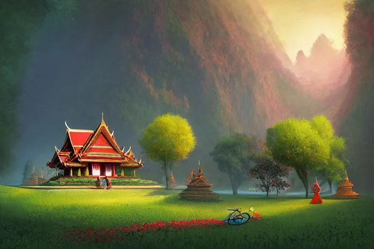 Image similar to summer morning, thai temple, rolling mountain, very coherent and colorful high contrast, art by gediminas pranckevicius, dark shadows, hard lighting