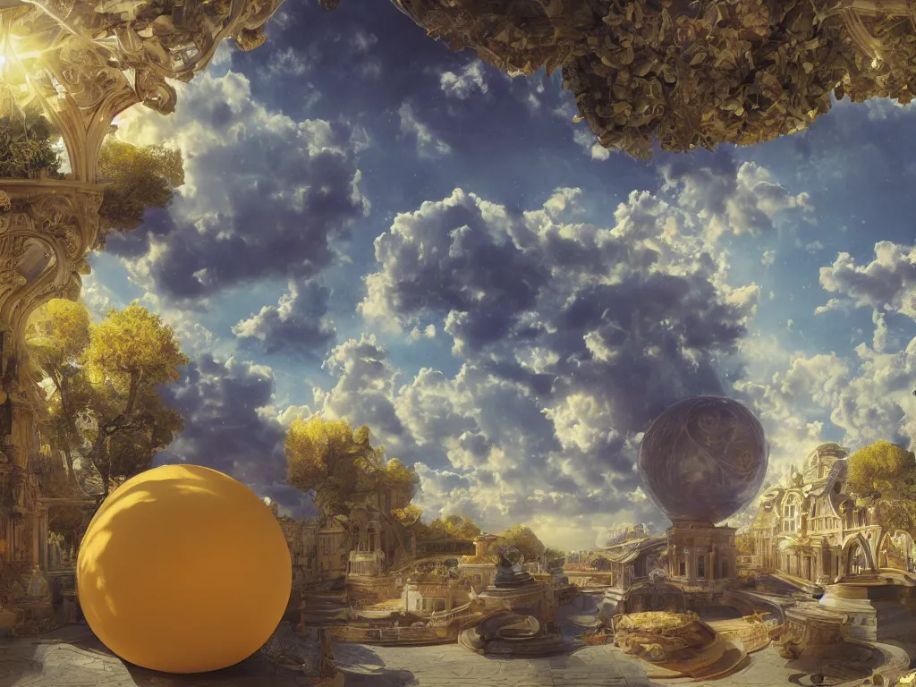 Image similar to 3 d render, sunlight study, the universe is a spheroid region 7 0 5 meters in diameter, art nouveau, by cornelis de heem and ( ( ( ( ( lisa frank ) ) ) ) ), 8 k, sharp focus, octane render