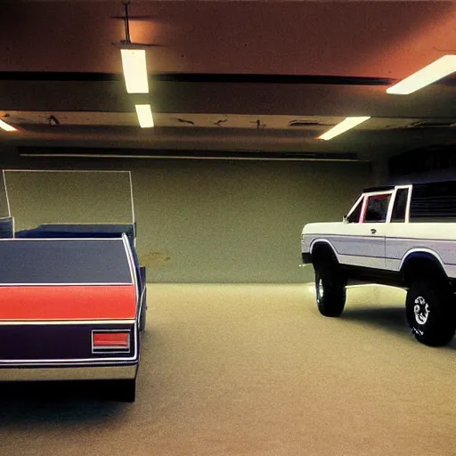 Image similar to 1984 Grand National Bronco, inside of an auto dealership, ektachrome photograph, volumetric lighting, f8 aperture, cinematic Eastman 5384 film