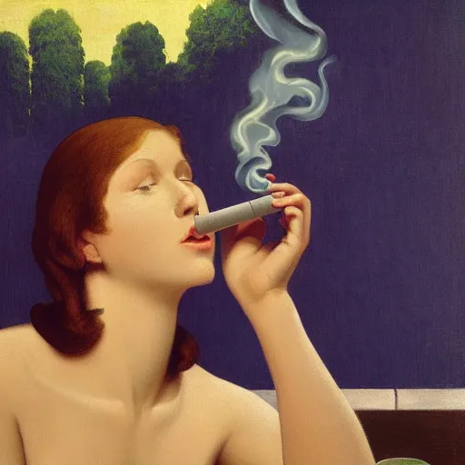 Image similar to feeling this way is a-okay, smoking hashish by the marijuana den by Raphael, Hopper, and Rene Magritte. detailed, romantic, enchanting, trending on artstation.