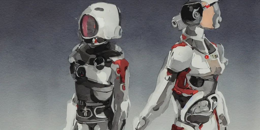 Image similar to female, full body, wide shot, modern space suit, intriguing helmet, stylized character design, the expanse tv series, large shoulders, short torso, long thin legs, tiny feet, science fiction, hyperdetailed, technical suit, dieselpunk, watercolor digital painting, in the style of mike mignola, by alex maleev