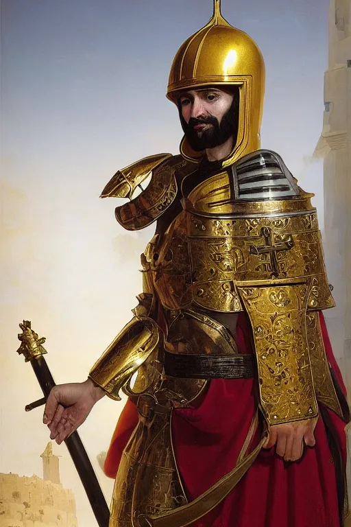 Prompt: man looking forward in decorated with gold baroque style christian crusader armor, cylindrical helmet covering all his head decorated with golden cross on front it's front and white cape covering most of his body standing at the gates of jerusalem drawn by greg rutkowski realistic high detail