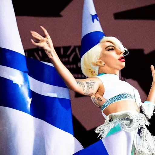 Image similar to Lady Gaga as president, Argentina presidential rally, Argentine flags behind, bokeh, giving a speech, detailed face, Argentina