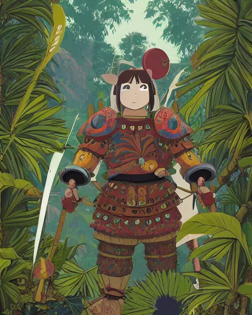 Prompt: 2d illustration of a spanish conquistador wearing ornate armor in a dense jungle, art by nicola saviori and studio ghibli, spirited away color scheme, anatomy, face, symmetric, trending on artstation, cgsociety