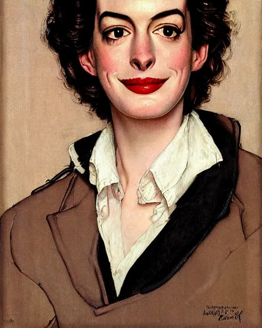 Prompt: portrait of anne hathaway by norman rockwell