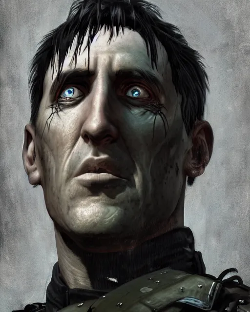 Prompt: An epic fantasy comic book style portrait painting of a very imposing Industrial goth Trent Reznor in Fallout 4 (Xbox One X), character design by Mark Ryden and Pixar and Hayao Miyazaki, unreal 5, DAZ, hyperrealistic, octane render, cosplay, RPG portrait, dynamic lighting, intricate detail, cinematic 4K