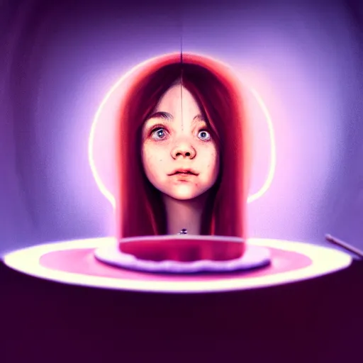 Image similar to portrait of a girl looking through the hole in a bundt cake, digital art, cinematic, concept art, 8k, painting, imaginefx, cgsociety, trending on artstation