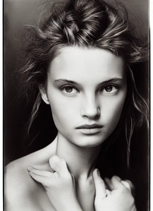 Image similar to half - length portrait of cute model, fine art portrait photography by richard avedon