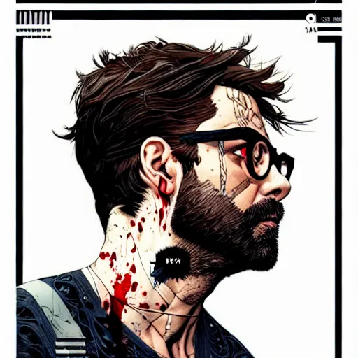 Prompt: a portrait of a man :: side profile :: blood and ocean intricate details :: glasses :: by MARVEL comics and Sandra Chevrier