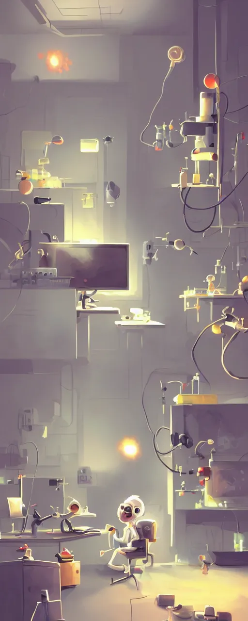 Image similar to goro fujita ilustration a science laboratory in a game dev studio office, explosion in the laboratory, small sparkles from computers, painting by goro fujita, sharp focus, highly detailed, artstation