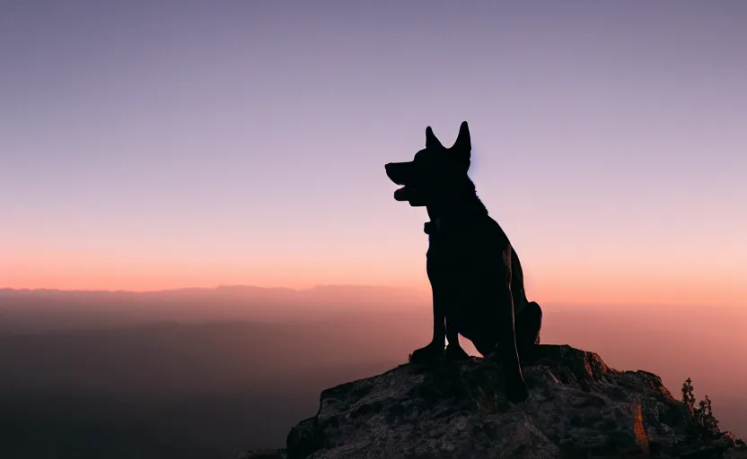 Image similar to movie still of a dog standing on top of a mountain, silhouette, natural light, cinematic lighting, 8 k