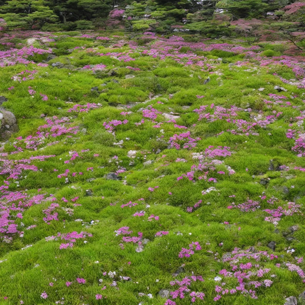 Prompt: Japanese meadow, highly detailed, with flowers and stones