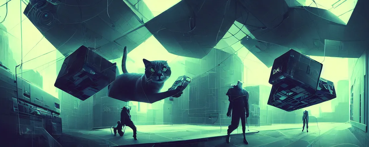 Prompt: duotone noir scifi concept dynamic illustration of 3 d mesh of cat inside box floating zero gravity glowing 3 d mesh quantum portals, glowing eyes, octane render, surreal atmosphere, volumetric lighting. accidental renaissance. by sachin teng and sergey kolesov and ruan jia and heng z. graffiti art, scifi, fantasy, hyper detailed. trending on artstation