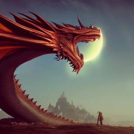 Image similar to you won't believe it, i just saw a huge dragon that is literally guarding the sun, he is very huge, modernism, digital art, fantasy art, trending on artstation, octane render, 3 d, volumetric lightening, lossless quality