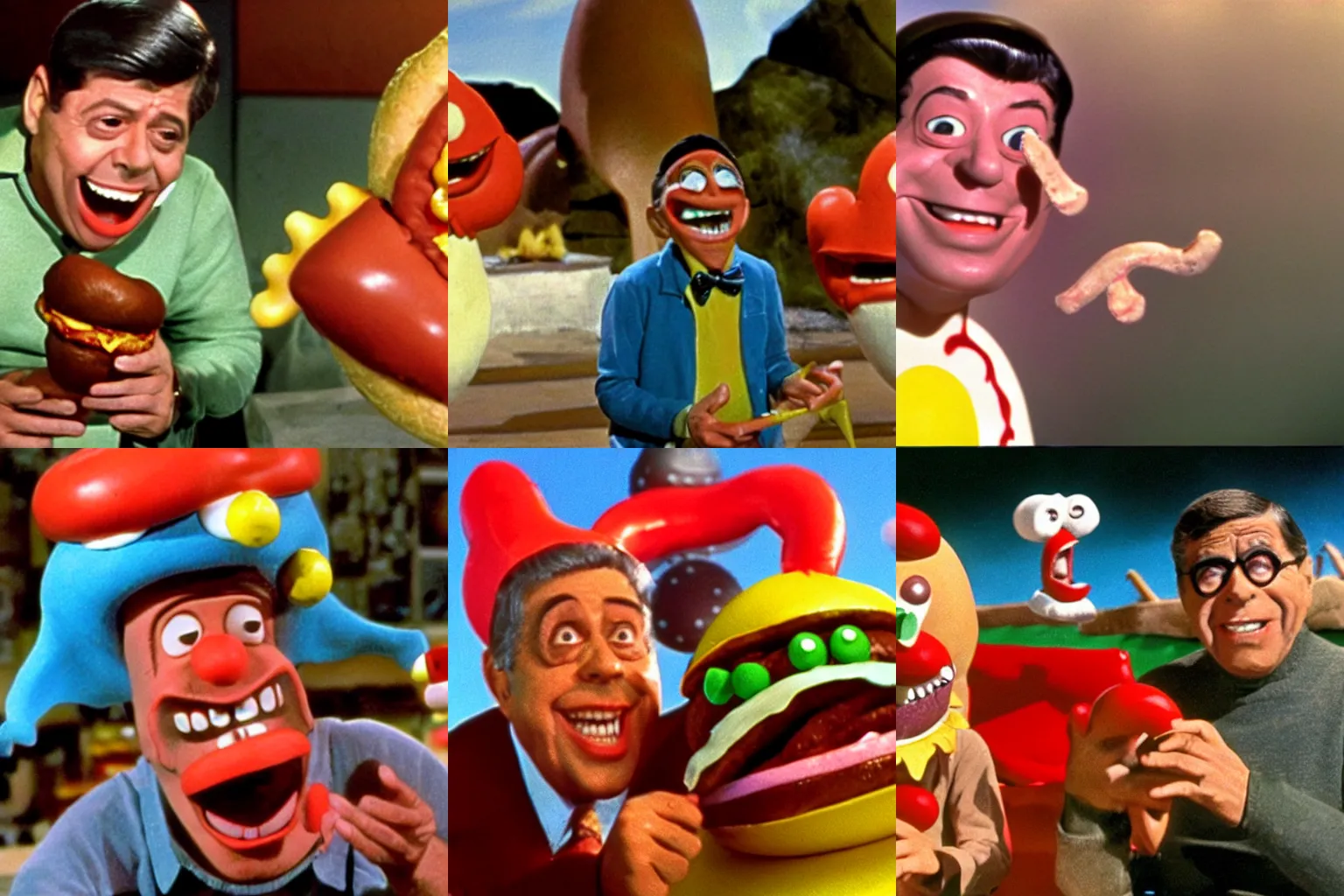 Prompt: color movie still of jerry lewis in'hot dog monster vs hamburger monster'by ray harryhausen
