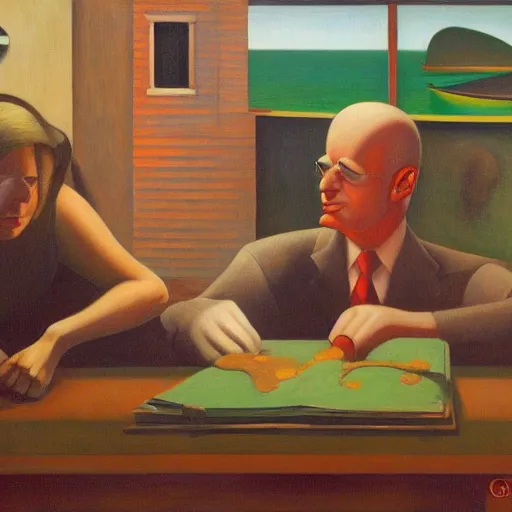 Image similar to release the kraken!, grant wood, pj crook, edward hopper, oil on canvas