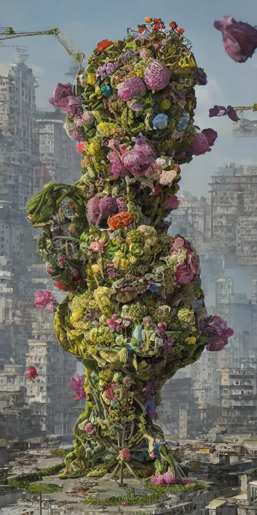 Image similar to colossal grotesque flower made from unfulfilled communist dreams in the middle of abandoned post soviet constructivist cityscape, Stalinist architecture, ultradetailed, Intricate by Hayao Miyazaki and Josan Gonzalez and Makoto Shinkai and Giuseppe Arcimboldo and Wes Anderson