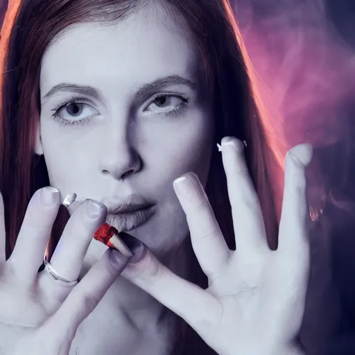 Prompt: a normal female hand with a five fingers and ring and, a cigarette, smoke