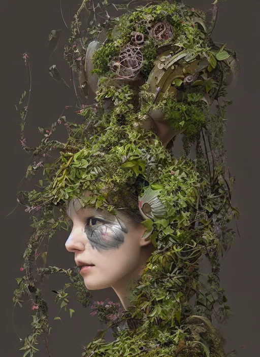 Prompt: studio portrait of a futuristic geisha cyborg overgrown with plants and ivy, modern fine art, fractal, intricate, elegant, highly detailed, digital photography, subsurface scattering, by jheronimus bosch and greg rutkowski,