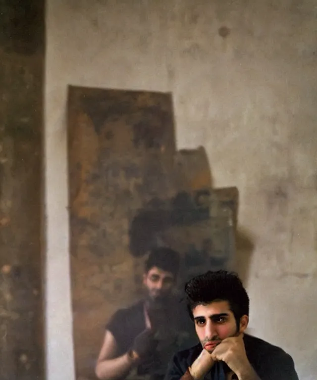 Image similar to a color photograph of persian young man in his workplace, by nan goldin, out of place, intense, bold, exaggerated, over proportion, hyperrealistic, ultra sharp, extra details, ultra high quality, trending on pinteresst