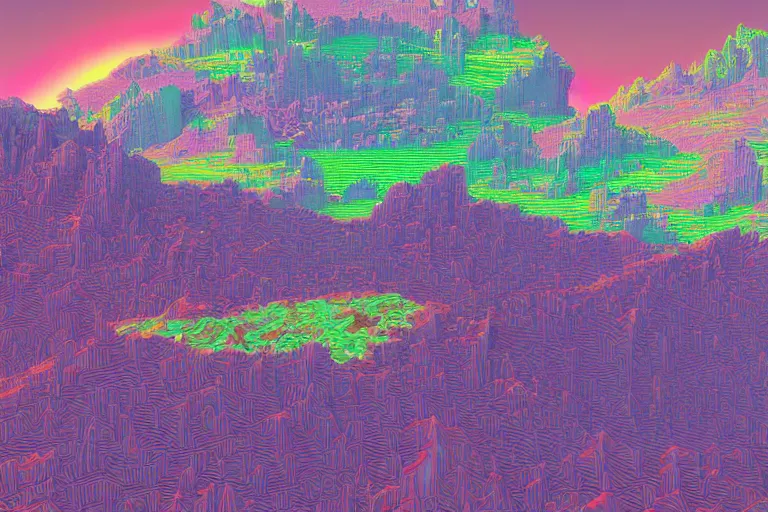 Prompt: beautiful rendered in zbrush ancient painting of a scenic mountain range surrounded by holographic Myrtle squares, retro tech, vaporwave, neon colors, by Jean Giraud and Zdzisław Beksiński and Chesley Bonestell and James Gurney, Mc Escher,