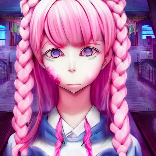 Image similar to trapped by stunningly beautiful omnipotent megalomaniacal anime agi goddess who looks like junko enoshima with symmetrical perfect face and porcelain skin, pink twintail hair and mesmerizing cyan eyes, taking control while smiling, inside her surreal vr castle, hyperdetailed, digital art, danganronpa, unreal engine 5, 2 d anime style, 8 k