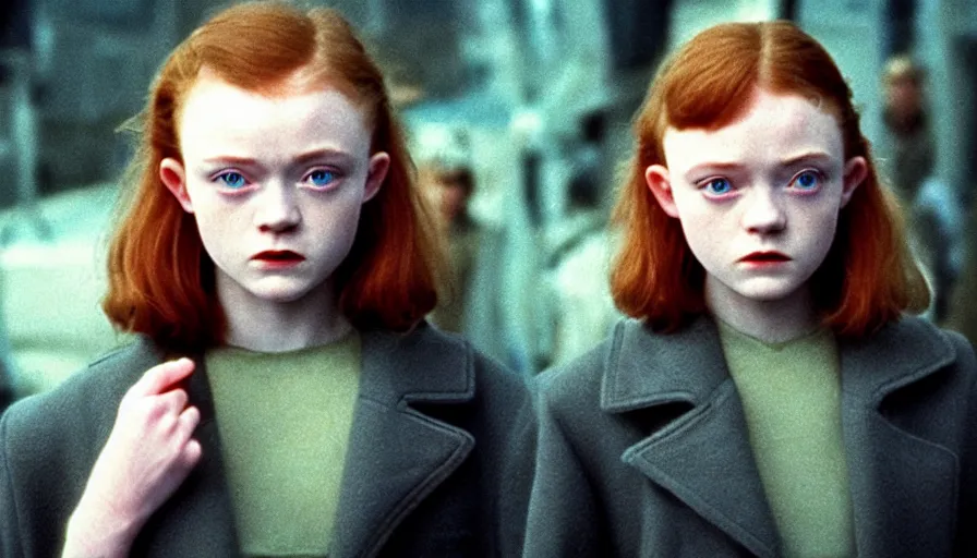 Prompt: sadie sink with trimmed hair in oversized man's coat : a still from a scifi soviet cyberpunk film from 1 9 8 0 s. by steven spielberg, robert zemeckis, francis ford coppola, james cameron. 6 5 mm low grain film stock. sharp focus, realistic facial expression, perfect anatomy, global illumination, radiant light, detailed and intricate environment, trending on artstation