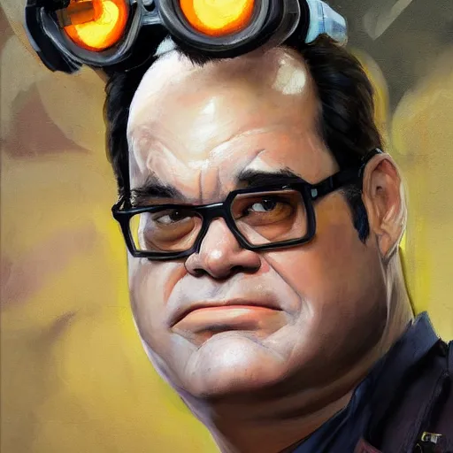 Image similar to greg manchess portrait painting of ghostbuster dan akroyd's appearance dr. raymond stantz overwatch character, medium shot, asymmetrical, profile picture, organic painting, sunny day, matte painting, bold shapes, hard edges, street art, trending on artstation, by huang guangjian and gil elvgren and sachin teng