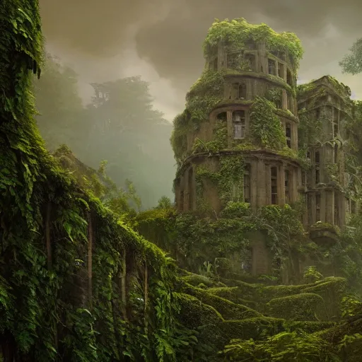 Prompt: giant ancient castle in an forest with some ivy plants on the walls, cinematic, epic, dramatic lighting from above, dark, vines, fantasy, dust, unreal engine, octane, highly detailed, concept art, dark, super realistic,