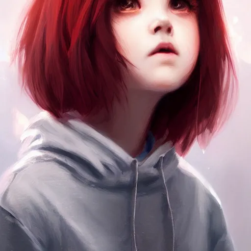 Image similar to a cute tiny girl with short red hair wearing a hoodie, digital art, very beautiful face, pretty face, very detailed eyes, full body illustration, 8 k resolution, soft painting, by greg rutkowski, wlop, rossdraws,