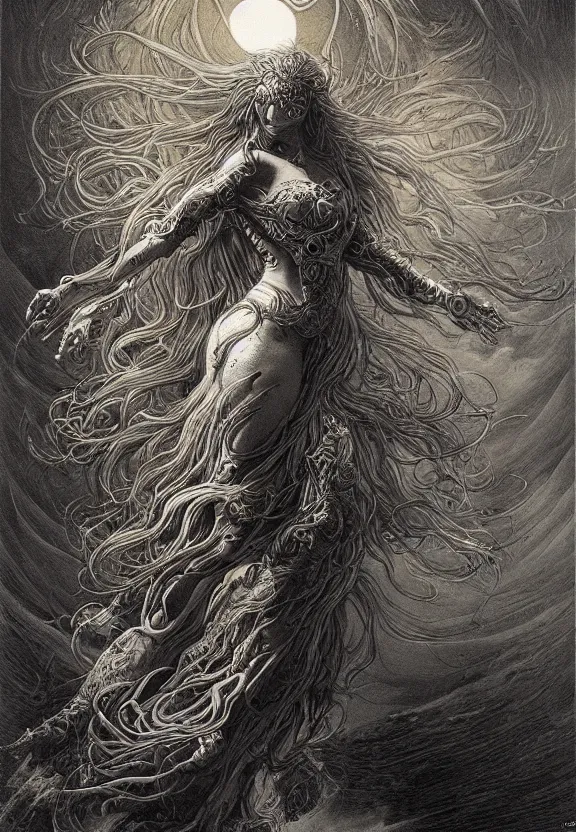 Image similar to full body front view of a beautiful biomechanical moon goddess, flowing hair, intense stare, sweet smile, concept art, intricate detail, volumetric shadows and lighting, psychedelic colors, realistic oil painting by gustave dore,