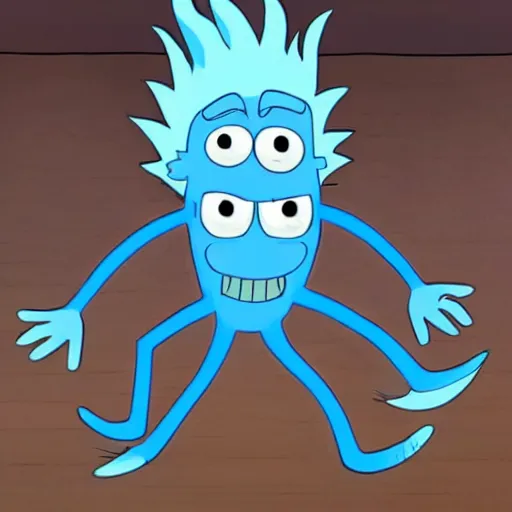 Prompt: a detailed photograph of rick sanchez poorly disguised as mr meeseeks, shot dutch angle