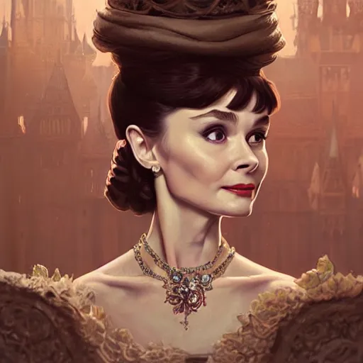 Image similar to audrey hepburn in an epic victorian novel, inside an ornate castle, intricate, elegant, highly detailed, digital painting, artstation, matte, illustration, art by artgerm, greg rutkowski, loish, rhads, ferdinand knab, makoto shinkai, lois van baarle, ilya kuvshinov, rossdraws, tom bagshaw