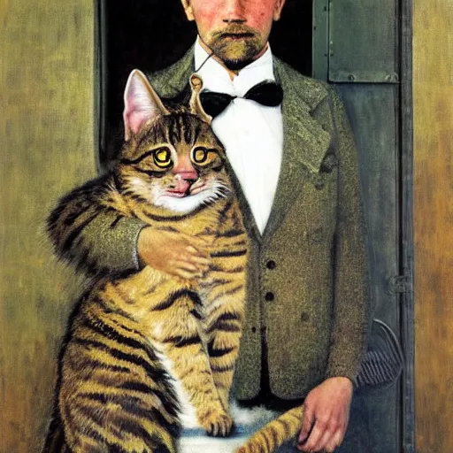 Image similar to fuzzy furry ears Portrait of Man camouflaged as Tabby Cat whilst wearing a pink tuxedo Standing atop a Garbage Truck Newell Convers Wyeth Andrew Wyeth Jamie Wyeth