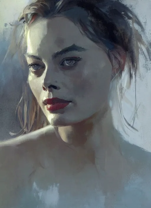 Image similar to portrait painting of margot robbie by jeremy mann, only one head single portrait