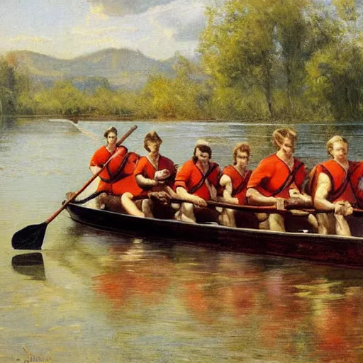 Image similar to a charles r knight painting of kappa rowing a boat