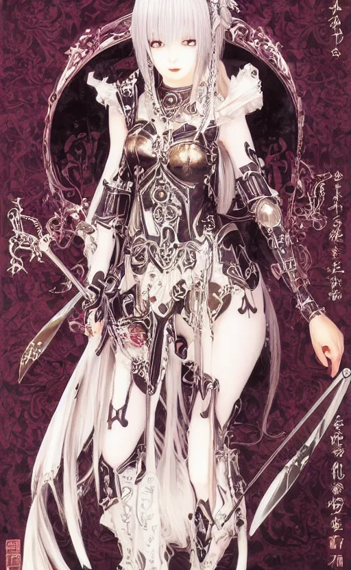 Prompt: Alchemy Imperial Princess knight gothic girl . By amano yoshitaka, highly detailded