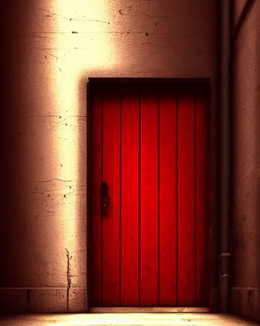 Prompt: heavy red iron door, grunge, dim, volumetric lighting, mist, artstation, sylvain sarrailh