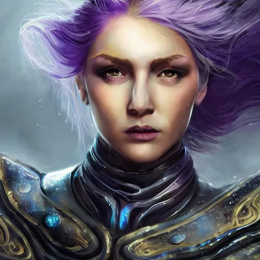 Prompt: extreme close up portrait of a beautiful woman in mechanical amethyst armor, female, flowing purple hair tied in pleats, intense stare, stoic, concept art, intricate detail, volumetric shadows and lighting, realistic oil painting magic the gathering style, destiny, sci - fi,