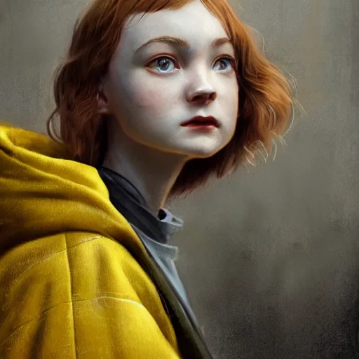 Image similar to a highly detailed epic cinematic concept art CG render digital painting artwork costume design: Sadie Sink, pixie shaved cut, side, in a used 1950s man's coat and hoodie. muted grey colors with tiny yellow accents. By Greg Rutkowski, Ilya Kuvshinov, WLOP, Stanley Artgerm Lau, Ruan Jia and Fenghua Zhong, trending on ArtStation, made in Maya, Blender and Photoshop, octane render, excellent composition, cinematic atmosphere, dynamic dramatic cinematic lighting, aesthetic, very inspirational, arthouse