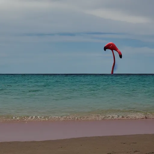 Prompt: photo of colossal flamingo on the horizon with atmospheric perspective