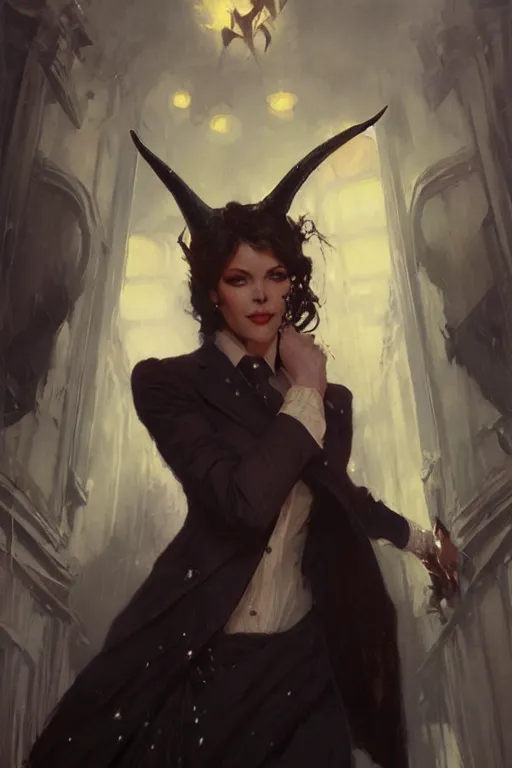 Prompt: well dressed woman in a suit with a sly smile and demon horns portrait dnd, painting by gaston bussiere, craig mullins, greg rutkowski, yoji shinkawa