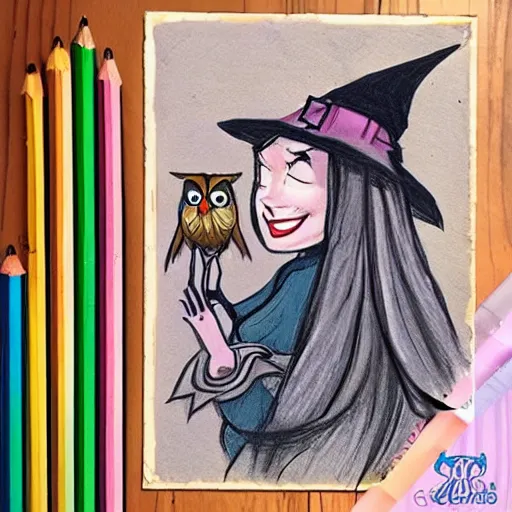 Image similar to disney style drawing of a witch with an owl on her shoulder, muted colors, acrylics on wood